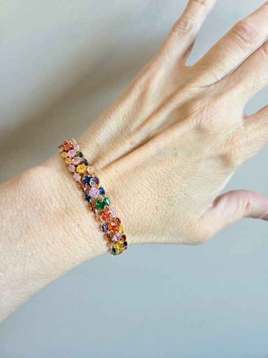 Jewelry - Gold tone tennis link bracelet with multicolored gems rhinestones crystals